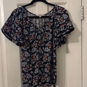 LOFT Navy Floral Blouse with Ruffle Sleeves
